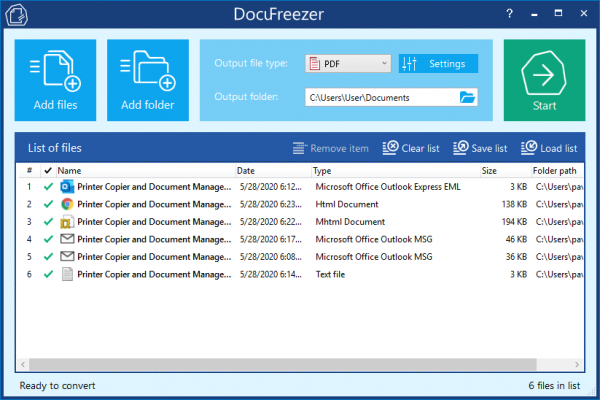 Konwersja wsadowa Outlook EML lub MSG z DocuFreezer