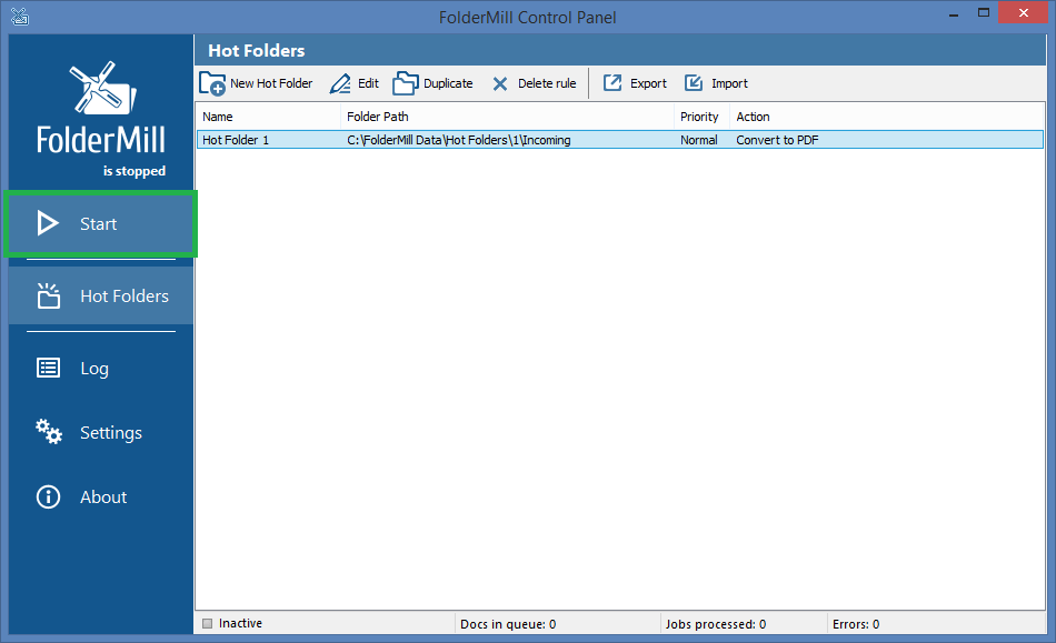 Rozpocznij przetwarzanie pliku FolderMill