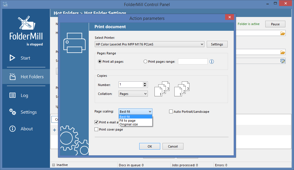 Opcje dopasowania do strony i rotacji strony dla drukowania plików z FolderMill