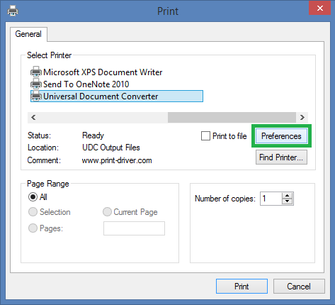 Wybierz Universal Document Converter jako wirtualną drukarkę